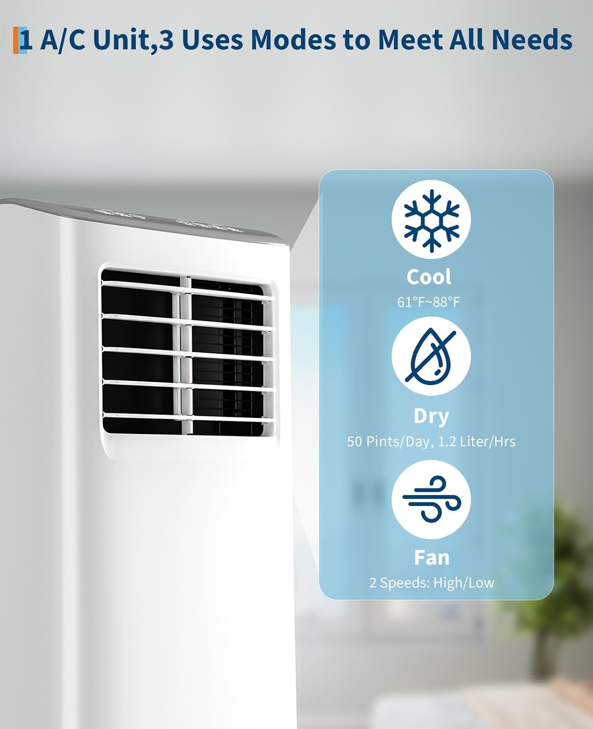 Portable Air Conditioner, 8,000 Btus Room Air Conditioner, 3 In-1 Cooling AC Portable Air Conditioner with Fan & Dehumidifier, Standing Air Conditioner, Ventless Floor AC